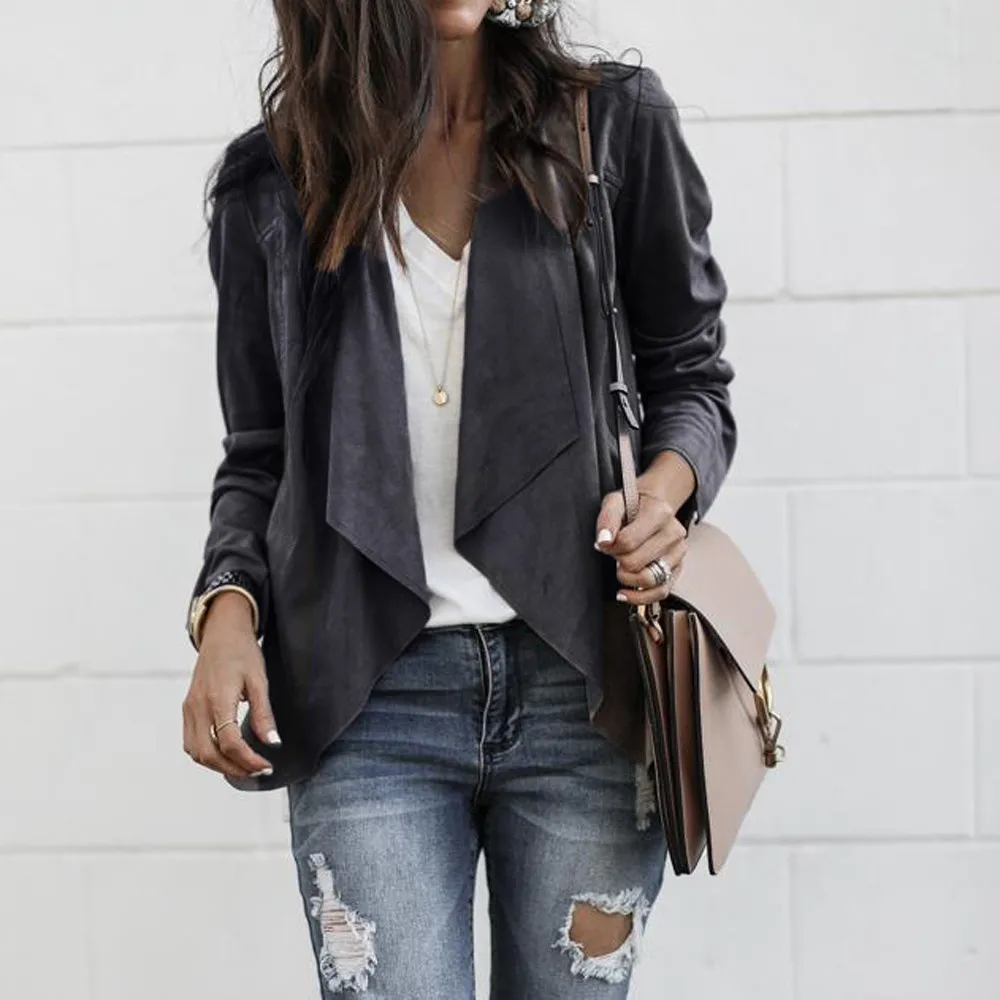 Women Jacket Long Sleeve Leather Open Front Short Cardigan