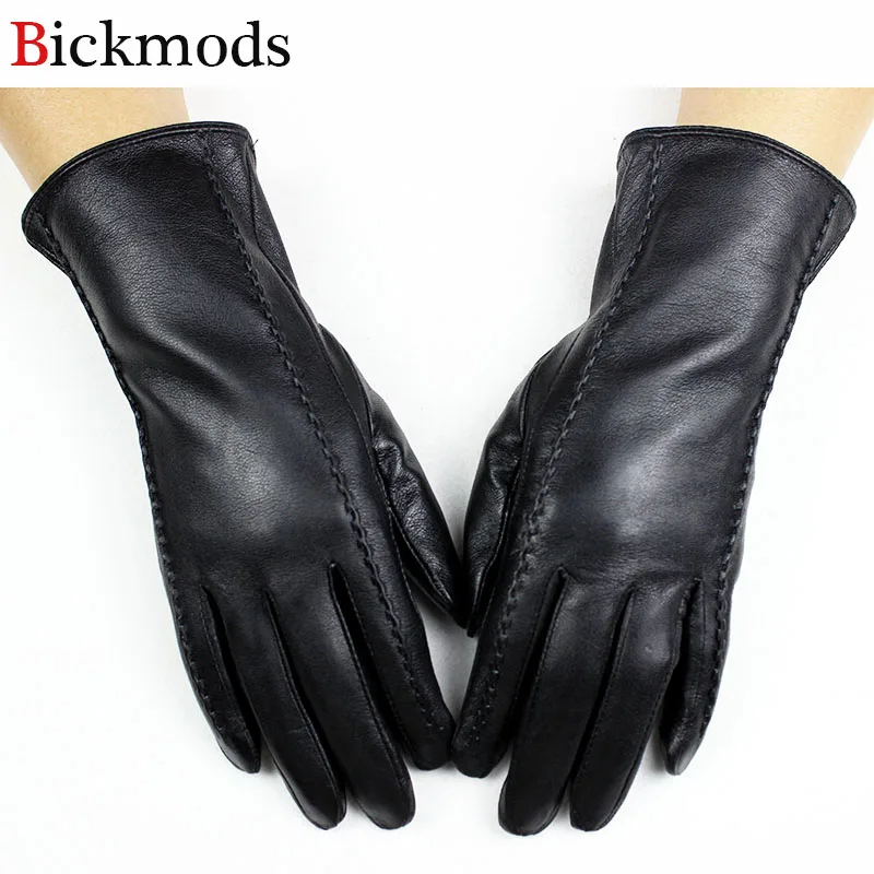 

2018 new leather sheepskin gloves female stripes style velvet lining warm outdoor riding gloves