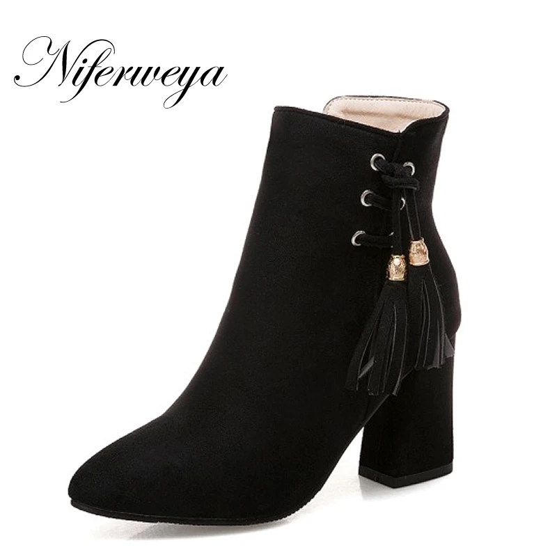 

Big size 34-50 winter women shoes Sexy Pointed Toe flock thick heel high heels fashion Tassels decoration zipper Ankle boots