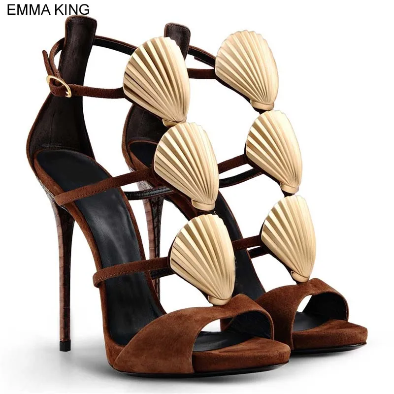 

EMMA KING Python Thin High Heels Women Sandals Shell Decoration Ankle Buckle Strap Fashion Mujer Shoes Round Toe Tan Shoes