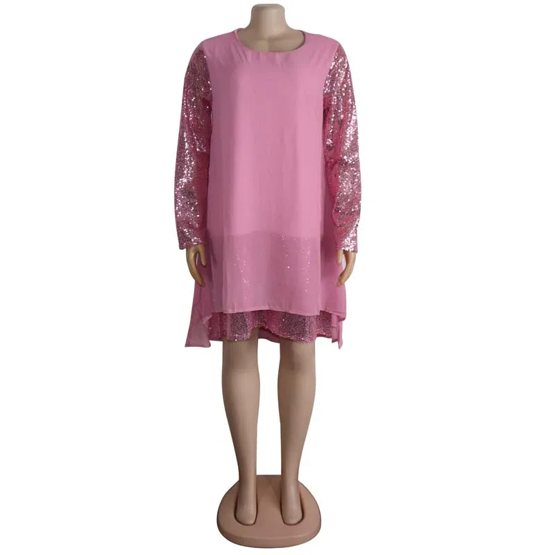 Африканская одежда расшитое блестками Сетчатое свободное платье женское элегантное однотонное платье с круглым вырезом длиной до колена плюс размер Partyclub - Цвет: Pink