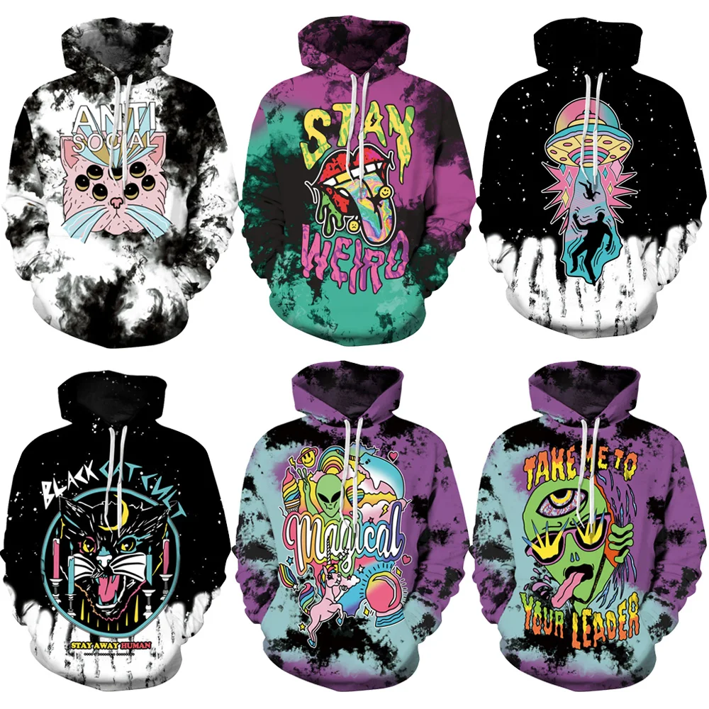 

2018 New 186 UFO Alien Skull Black Cat Weird Printed Women Hoodie Hooded Femme Sweatshirt Casual Loose Men Pocket Hoodies Coat