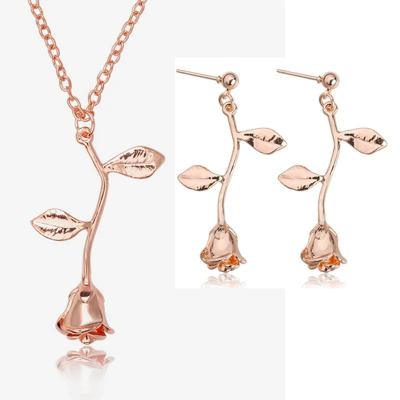 

MOONROCY Jewelry Set Rose Gold / Silver Color Necklace Chokers and Earring Rose Flower for Women Girls Gift Dropshipping