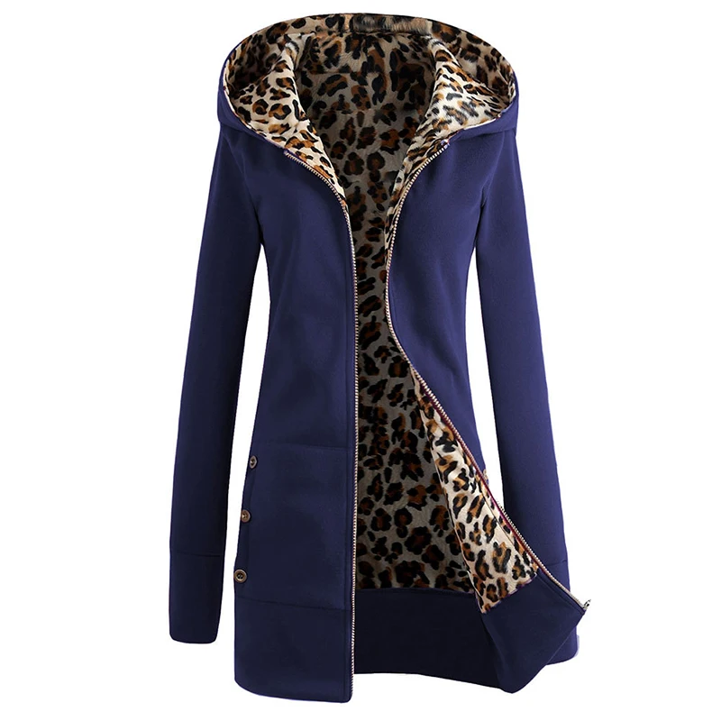 

Womens Long Sleeve Fleece Sweat Zip Hoodie Leopard Casual Coat Jacket Outwear