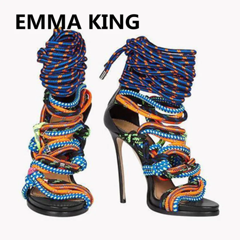 

Summer Fashion Colorful Hemp Rope Women Gladiator Sandals Open Toe Cutout Sexy High Heel Ladies Runway Shoes Woman Roman Sandals
