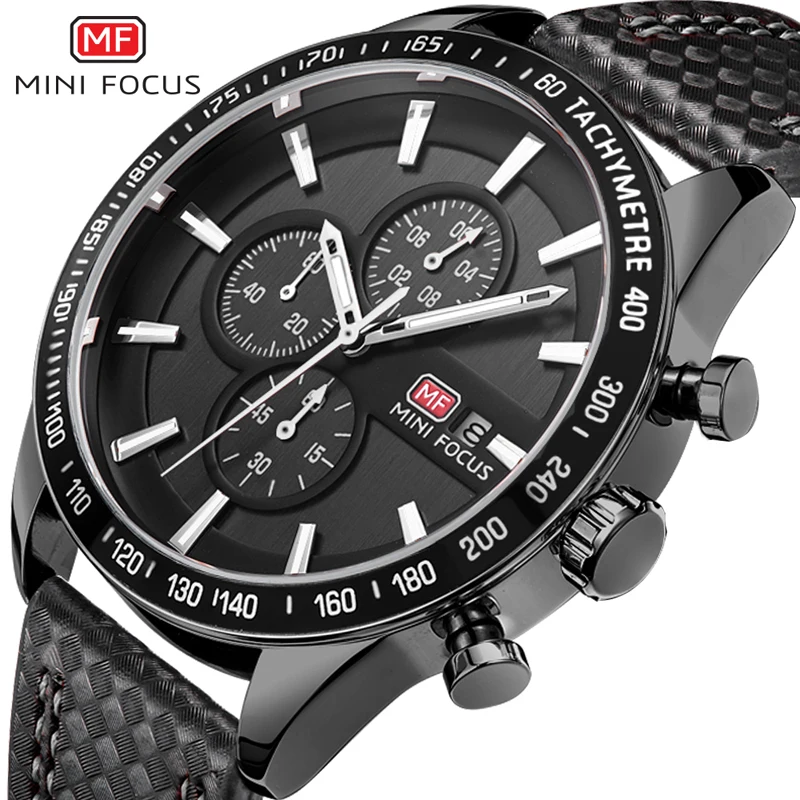 MINI FOCUS Mens Strap Watch Famous Brand Clock Men Black Leather Quartz