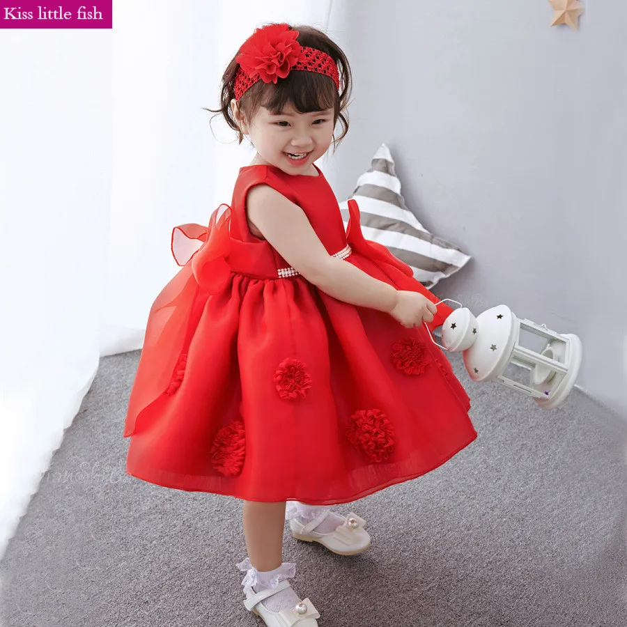 Free shipping 2018 New Red Baby girl 1 year birthday dress vestido infantil baby girl dressin