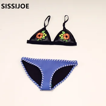 

New Neoprene bikini Women print Swimsuit Bath Suit Push Up Bikini set Bathsuit handmade flower bikini