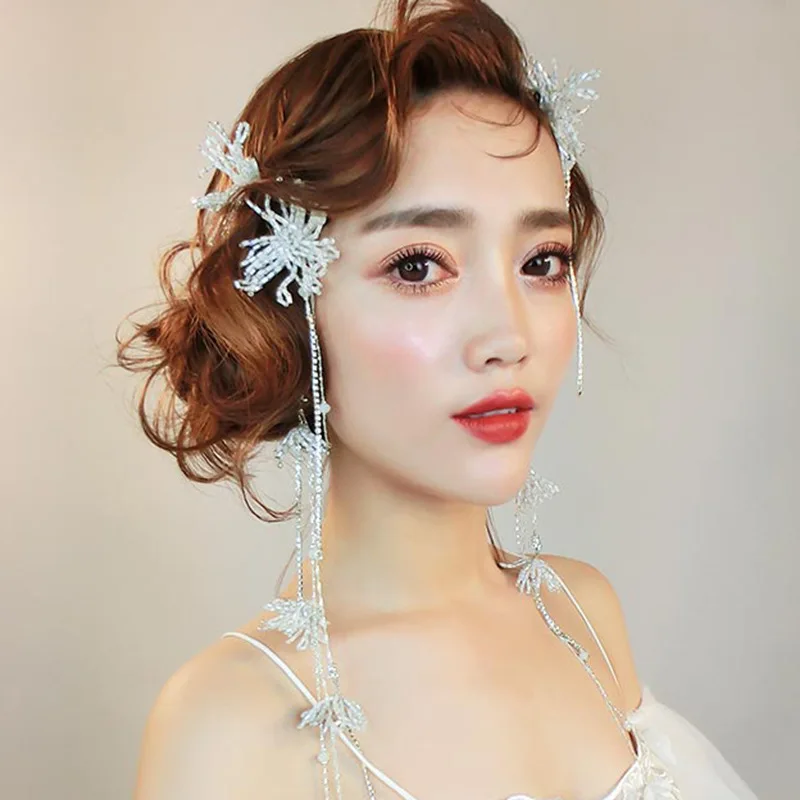 

Bridal jewelry Korean princess lovely headdress flowing hairgrip long earrings hair chains wedding hair accessories