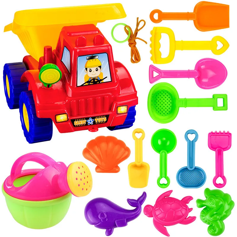 

SLPF 14-piece Set Children Beach Toys Kids Baby Tuba Hourglass Dredging Mold For Sand Shovel Tool Parent-child Outdoor Game G31