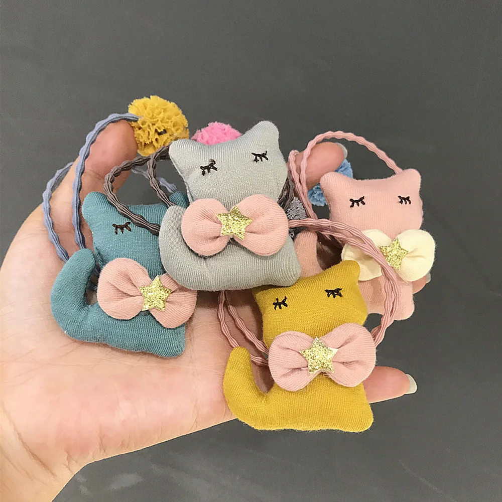 

Girls Cute Cartoon Cat Bow Hair Tie Bands Kids Double Layer Bands Lace Pompoms Elastic Hair Holder For Kids HT102