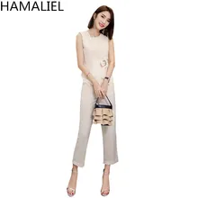 HAMALIEL New 2018 Women’s Office OL 2 Piece Suits Summer Vest Wear Work Formal Set Business Solid Crop And Nine Slim Pants Suit