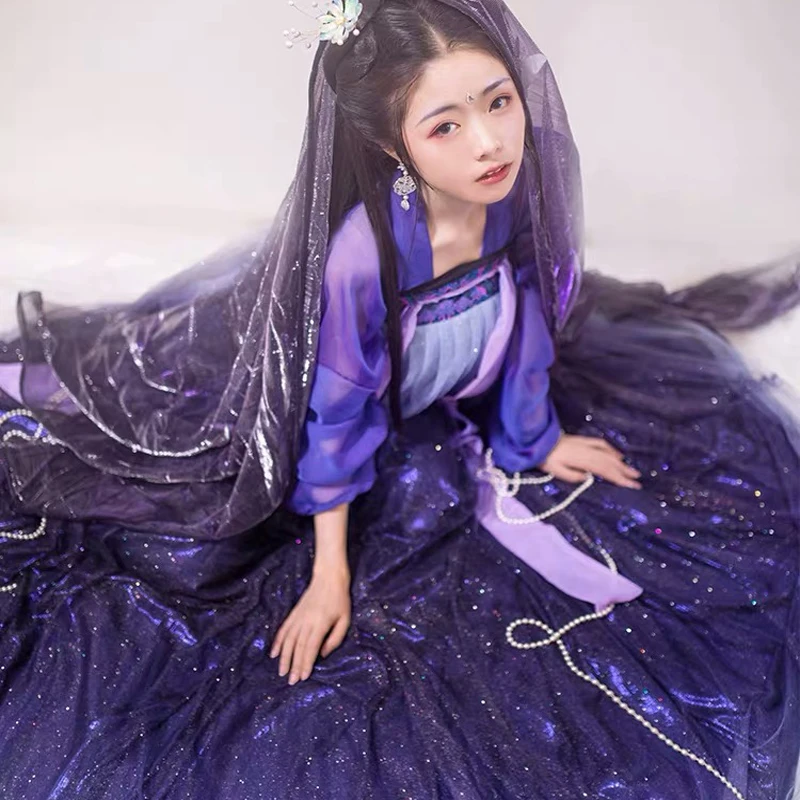 Женский Hanfu китайское платье в традиционном китайском Костюмы и рисунком в виде фиолетовых звезд Hanfu платье Для женщин Hanfu костюмы; Одежда для маленьких девочек платья DQS1423