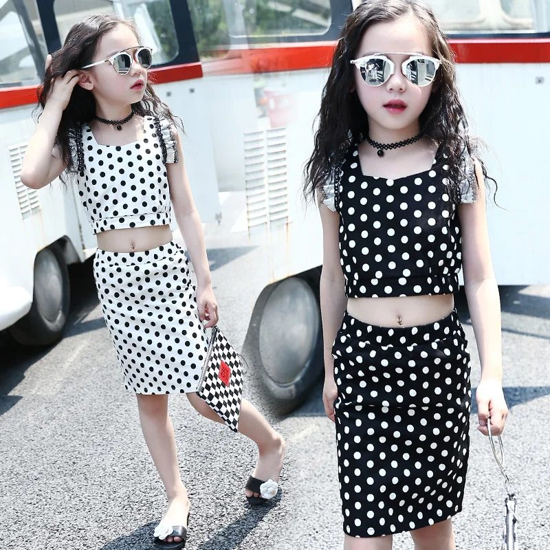

Teenagers Girls Clothing Sets 2017 New Summer Girls Clothes Fashion Sleeveless Dot Shirt + Pant School Uniform Children Suits 14