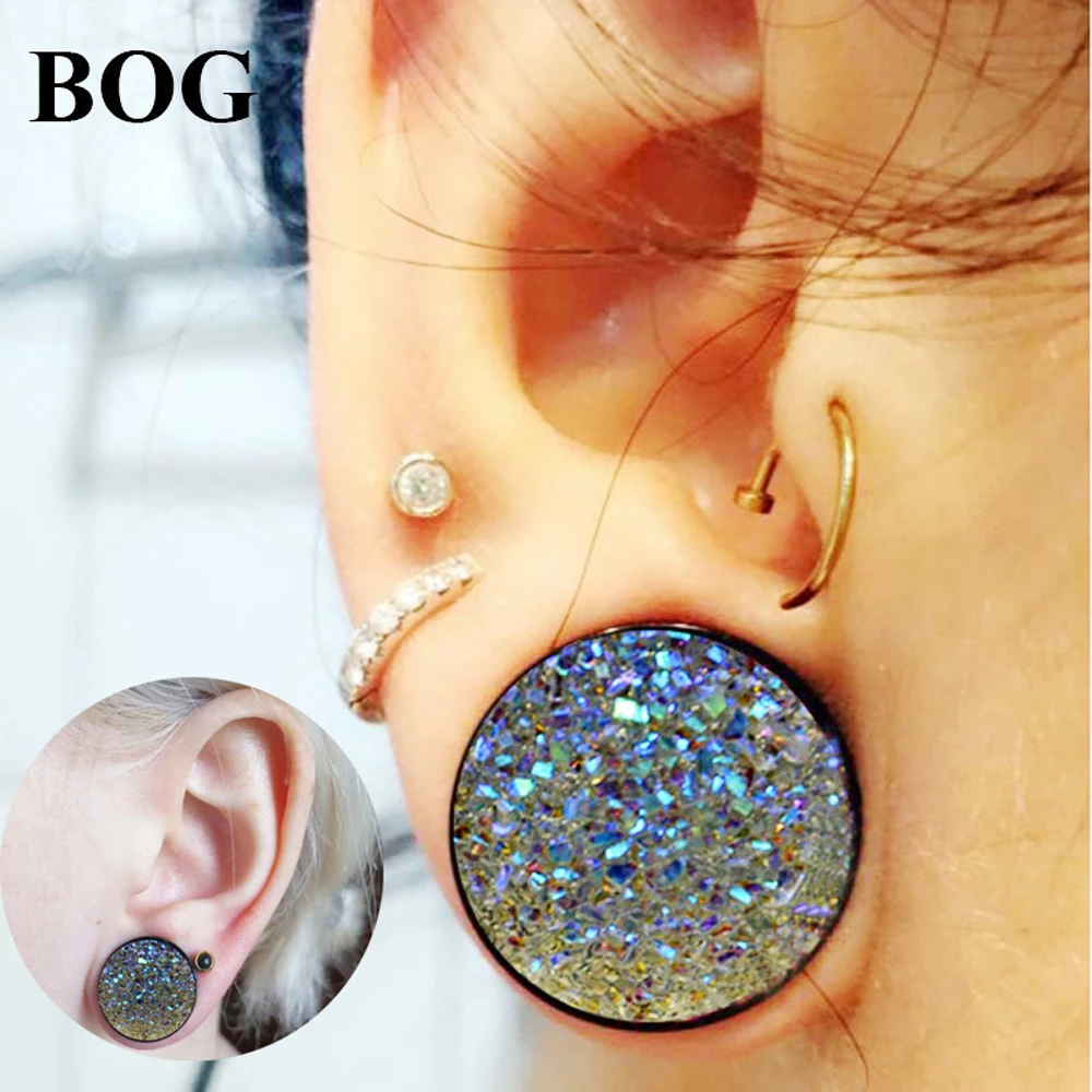 

BOG- PAIR Synthetic Druzy Double Flared Saddle Ear Gauge Wood Flesh Tunnel Plug Piercing Ear Expander Fashion Jewelry 8-18mm