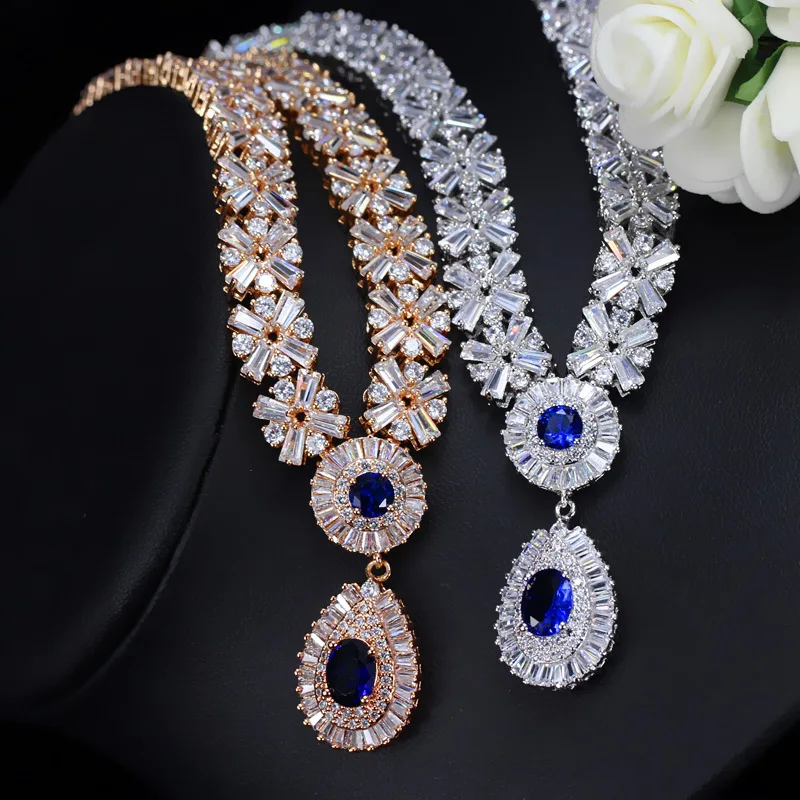 BeaQueen Luxury CZ Stone Paved Red Garnet Austria Crystal Statement Necklace Earrings for Women Wedding Jewelry Set JS059