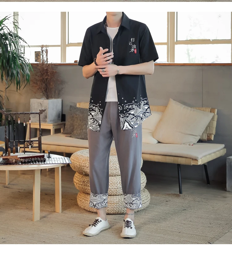 Мужской летний костюм рубашка с короткими рукавами + брюки длиной до щиколотки хлопок лен высокого качества M-4XL в китайском стиле Прямая