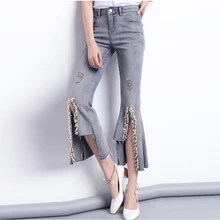 На лето и весну для женщин рваные бисер со стразами нерегулярные кисточкой расклешенные джинсы брюки для девочек, осень женщина тонкий