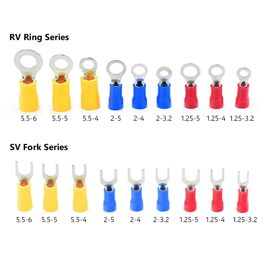 180 шт. RV Кольцо+ SV вилка изолированный, сортированный различный клемма для электрического провода обжимные смешанные кабельные разъемы лопата набор красный/синий/желтый