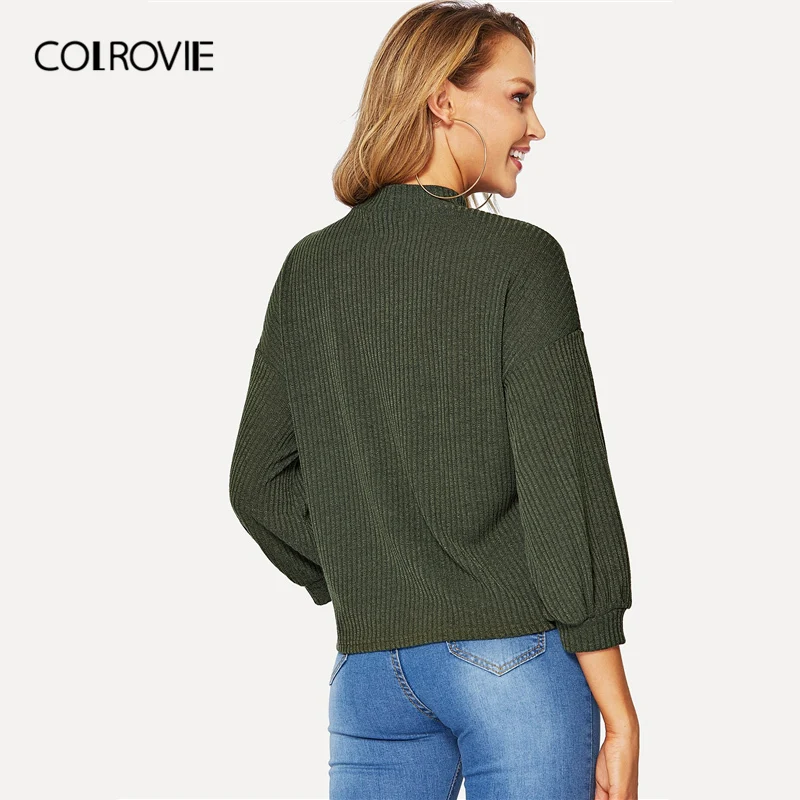 COLROVIE الأخضر الصلبة الوقوف طوق محبوك أنيقة T قميص المرأة أعلى فام المحملة 2019 الربيع عارضة قمصان مكتب سيدة الملابس COLROVIE الأخضر الصلبة الوقوف طوق محبوك أنيقة T قميص المرأة أعلى فام المحملة 2019 الربيع عارضة قمصان مكتب سيدة الملابس