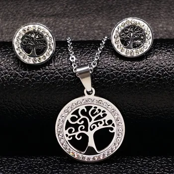 

2020 Silver Color Tree of Life Set Jewelry Women Crystal Stainless Steel Earrings Necklace Sets conjunto de joyas S176191