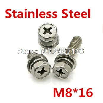

50pcs/lot M8*16 Hex Combination Screw with Screw / Spring Washer/ Flat Washer Combined Bolts Crossing Stainless Steel
