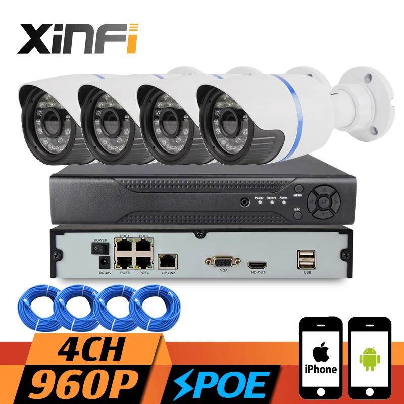 

XINFI 4CH POE CCTV System 4ch POE NVR Recorder 4 channel HD 960P POE IP Camera Home Security Camera System 1.3mp 4CH CCTV kit