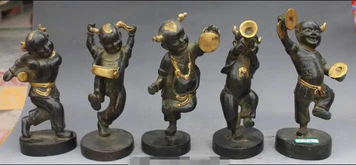 

S02236 China Fengshui Bronze Gilt Folk 5 Boy Girl Child Set Celebration Festival Statue (B0413)