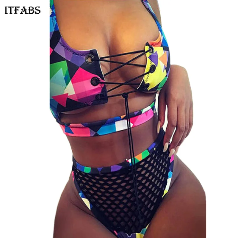 

ITFABS 2017 Sexy Bikini Halter Women Swimsuit Bandage Swimwear Mesh Print Cross Bikini Set High Waist Bathing Suit Swim Wear
