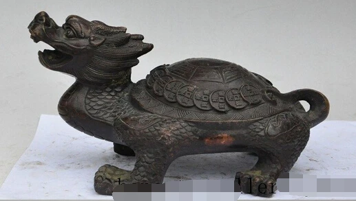 

007942 8"chinese bronze wealth money coin dragon turtle Tortoise lucky Longevity statue