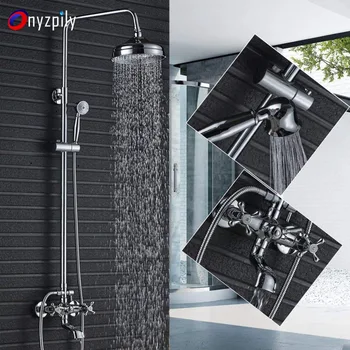 

Shower Facuet Tap System Chrome Polish Top Shower Head Rainfall Handheld Shower 2 Cross Handles 1 Diverter Stainless Steel Mixer