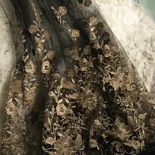 Черная вышитая кружевная марлевая ткань, ретро золотая Цветочная кружевная ткань, барокко кружевная ткань MF055