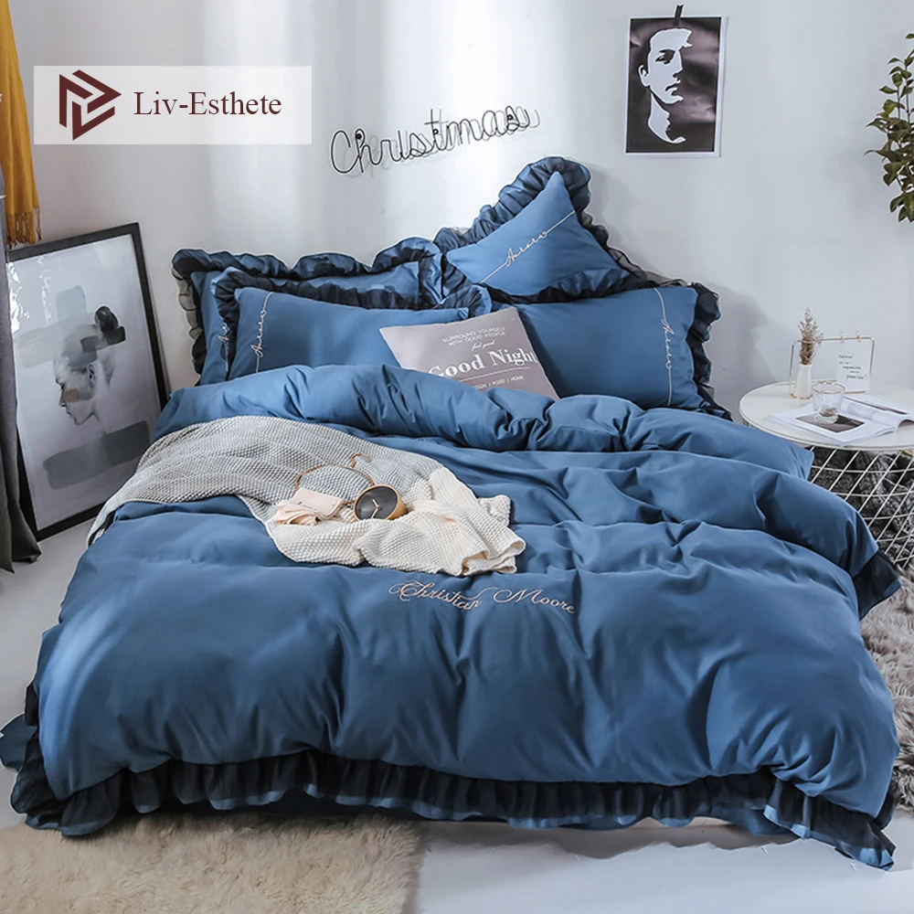 

Liv-Esthete Luxury Beauty Blue Bedding Set For Girl Gift Lace Soft Duvet Cover Flat Sheet Bedclothe Double Queen King Bed Linen