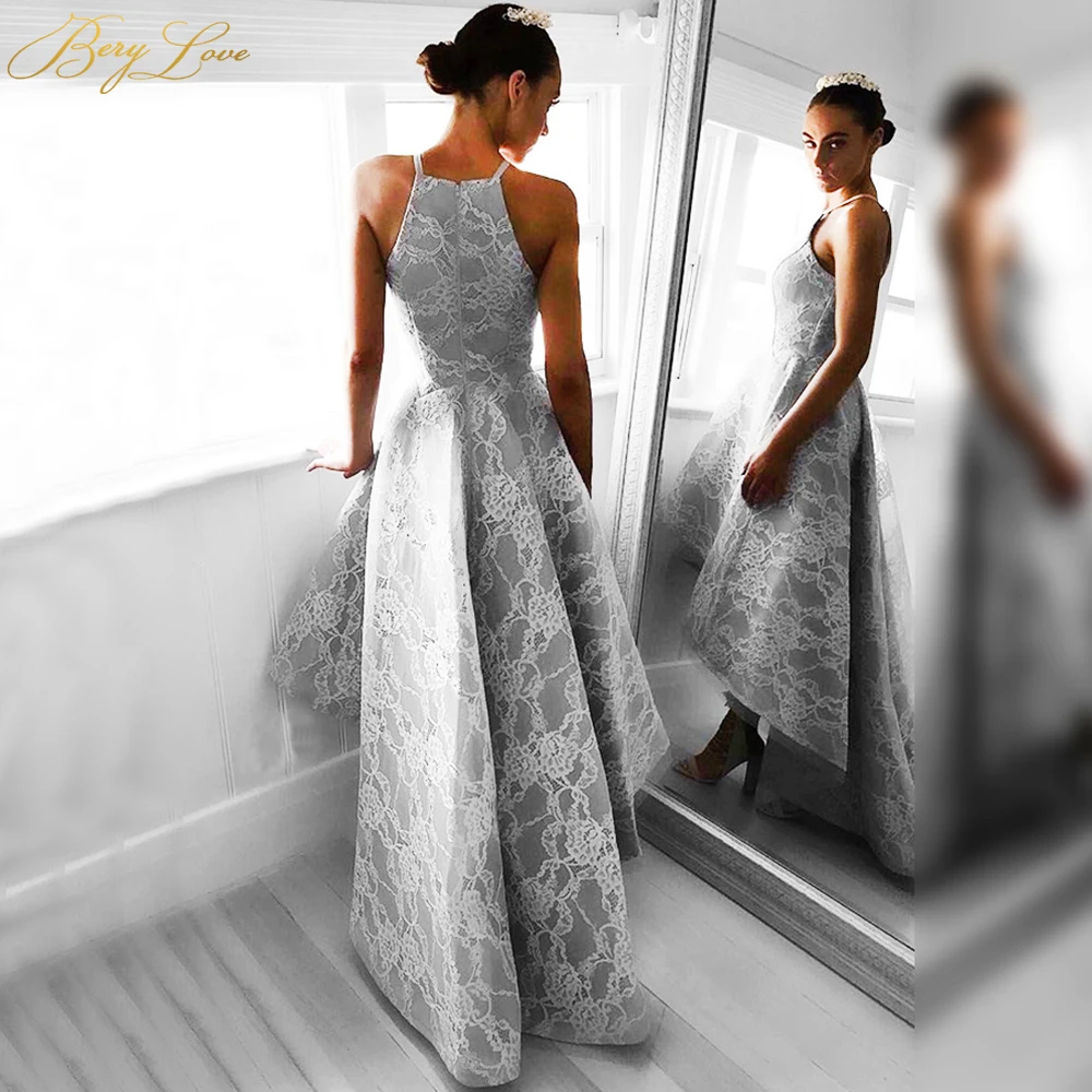 

BeryLove High Low Grey Lace Prom Dress 2019 Long Back Halter Neck Lace Party Women Formal Evening Dress Simple Prom Gown