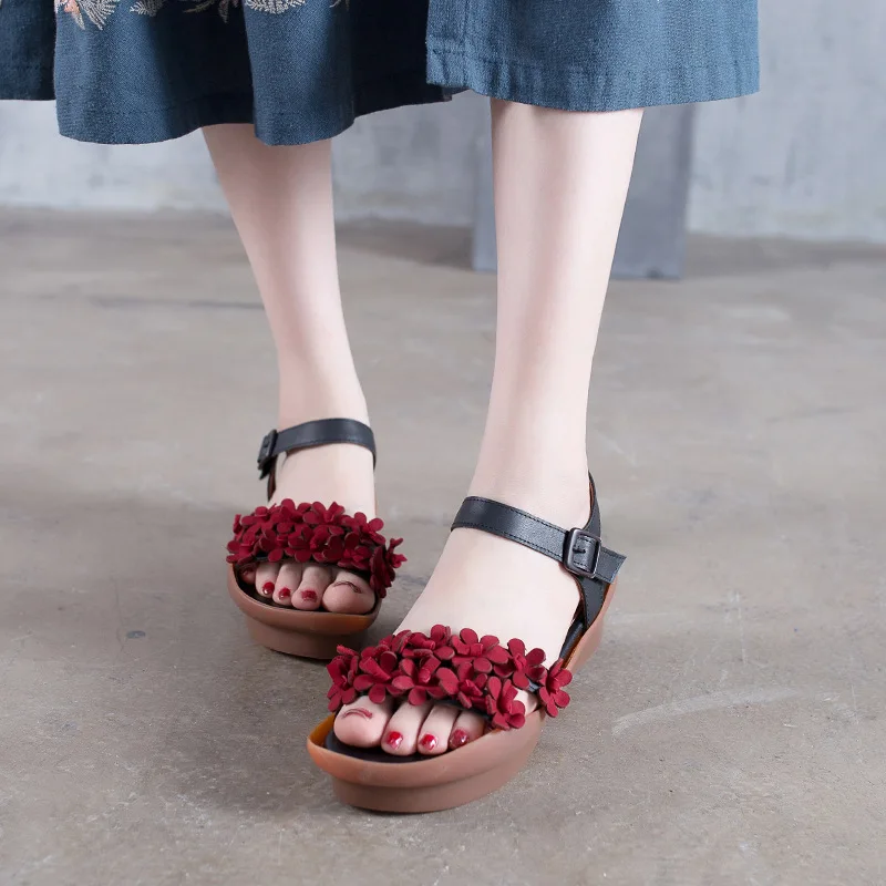 

Original leather handmade female shoes 2018 summer women sandals flower platform shoes grey and black T1868-3