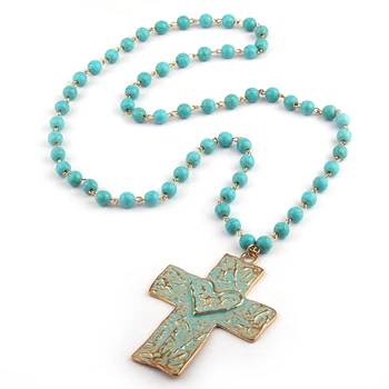 

Fashion Blue Natural Semi Precious Stones with cross,moon,cactus charms Pendant Handmade Necklace Women Jewelry
