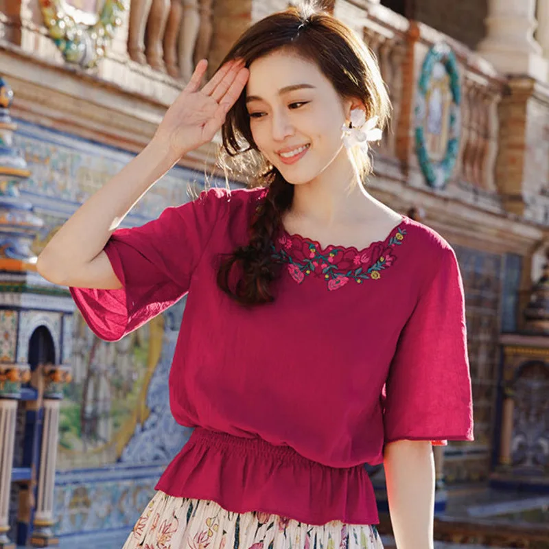 

INMAN Geometric Pattern Office Lady Short Sleeve Embroidery O Neck Women Blouse