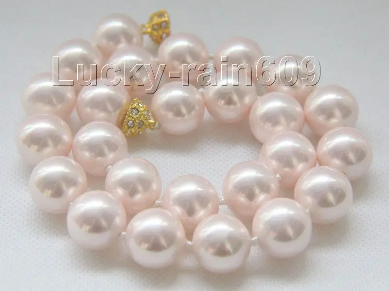 

17" 16mm round pink seashell pearls necklace zircon magnet clasp e2084