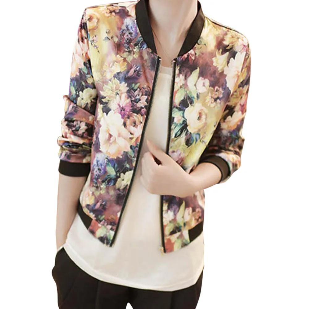 Женская тонкая куртка-бомбер на молнии с длинными рукавами и цветочным принтом