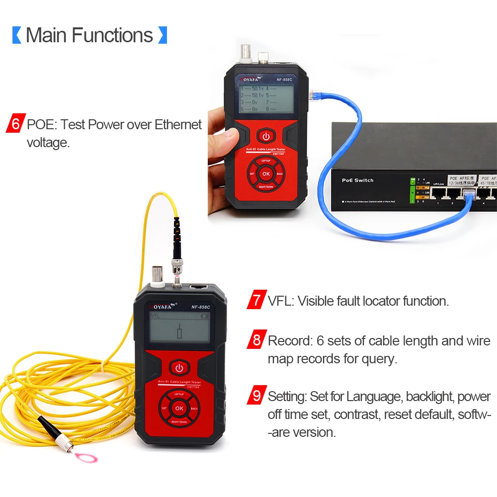 Noyafa NF858C ЖК-тестеры кабеля провода трекер определения местоположения и измерения длины для RJ11/RJ45 коаксиальный кабельный тестер с VFL и функцией NCV