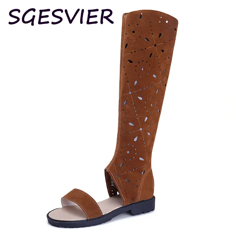 

SGESVIER Black Grey Brown Hollowed Breathable Vamp Zipper Open Toe Low Square Heels Platform Woman Shoes Size 34-43 VV719