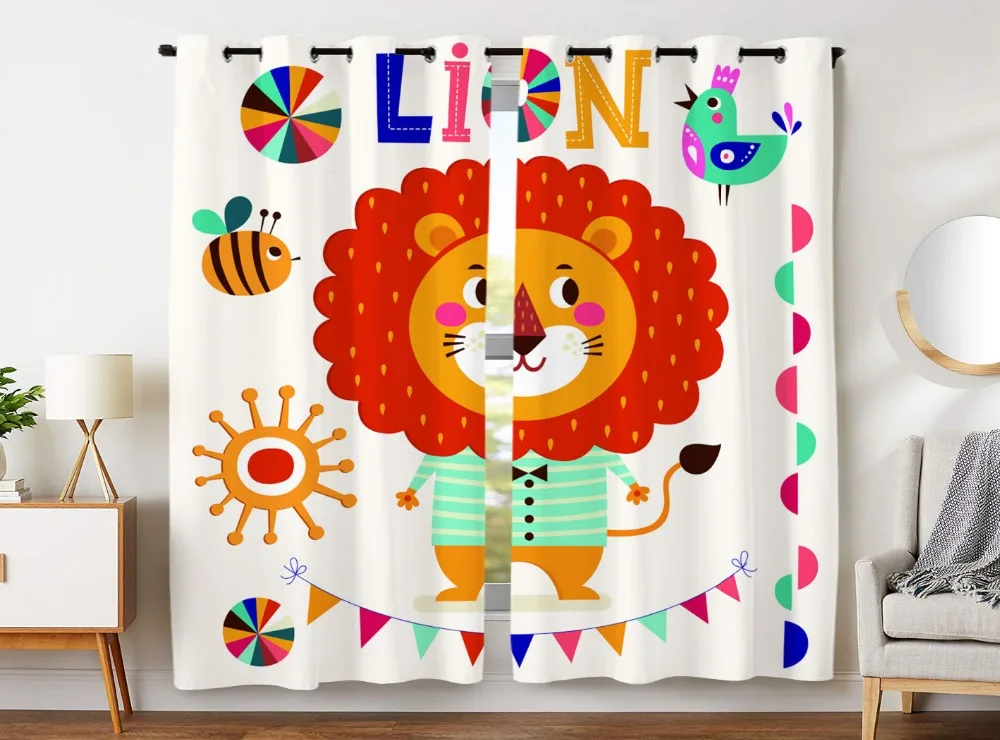 

Blackout Curtains 2 Panels Grommet Curtains for Bedroom Cute Cartoon Lion Bunting Bee Bird Animal