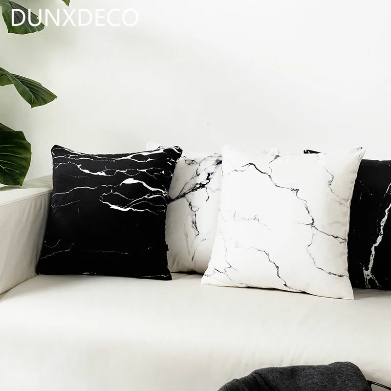 

DUNXDECO Cushion Cover Decorative Pillow Case Soft Velvet White Black Marbling Print Modern Home Office Sofa Decor