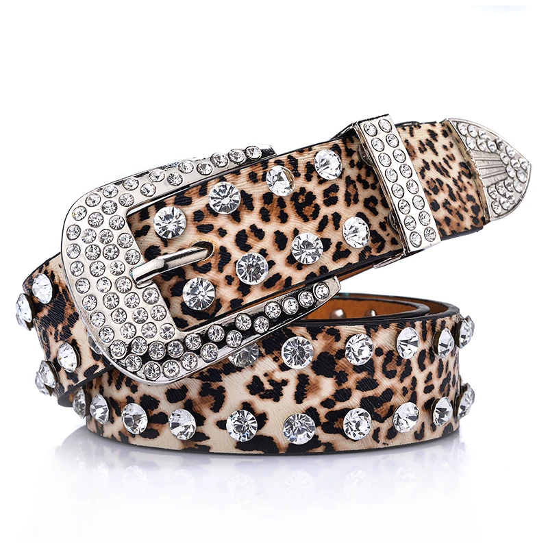 

Retail Wholesale Women's Belt Of Leopard Pattern,Leather Rhinestone Studded Belt Rivet Strap Tail Belts For Women 3.3cm Width