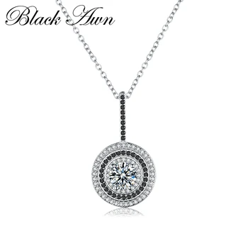 

[BLACK AWN] Genuine 100% 925 Sterling Silver Women's Necklace Fine Jewelry Round Bijoux Black Spinel Pendants Necklace P074