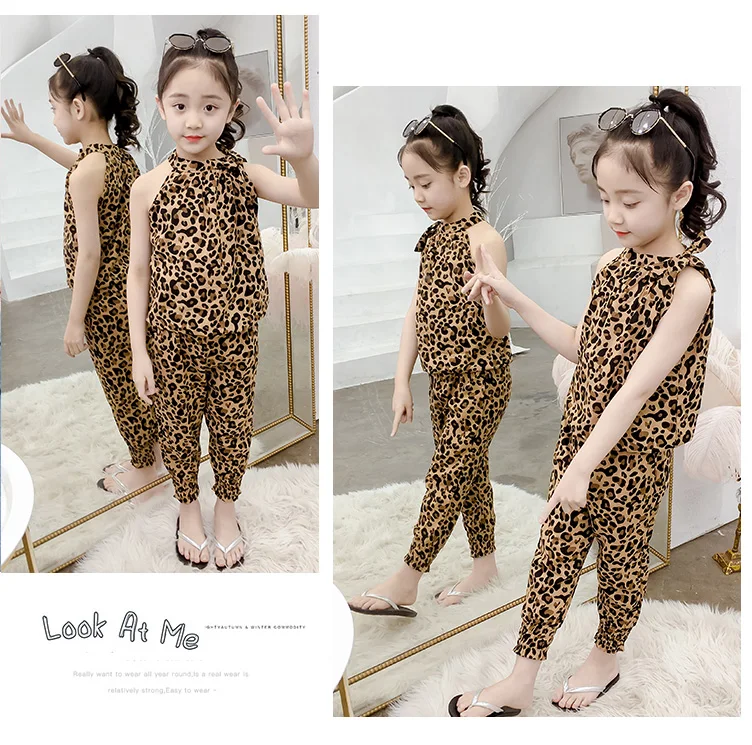 Conjuntos de Roupas Leopardo sem Mangas Camiseta + Calças Novas Crianças Verão Meninas Esportes Conjunto 2 Peças Roupas 4 6 8 10 12 13 Anos 2020 6 Mamãe e Bebê
