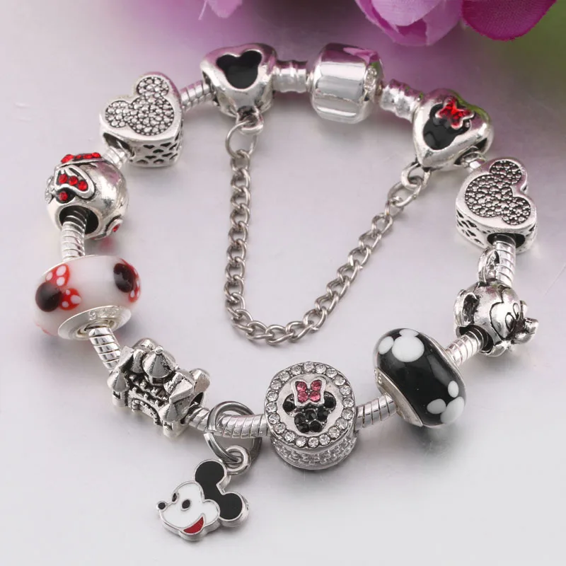 

2019 Bracelets Mickey Minnie Charms Beads Fits European Bracelets & Bangles Cartoon Bracelets DIY Lovely Mickey Castle Bracelets