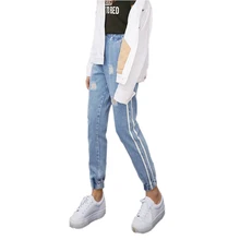 Новинка, винтажные джинсы с дырками, женские повседневные джинсовые штаны на весну и лето, рваные джинсы с высокой талией, женские белые полосатые S-XXL с боковым низом