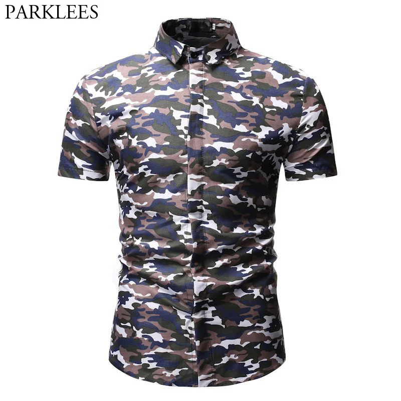 

Classic Camouflage Shirt Men 2019 Fashion Covered Button Camo Shirt Mens Slim Fit Short Sleeve Shirts Camisa Social Masculina