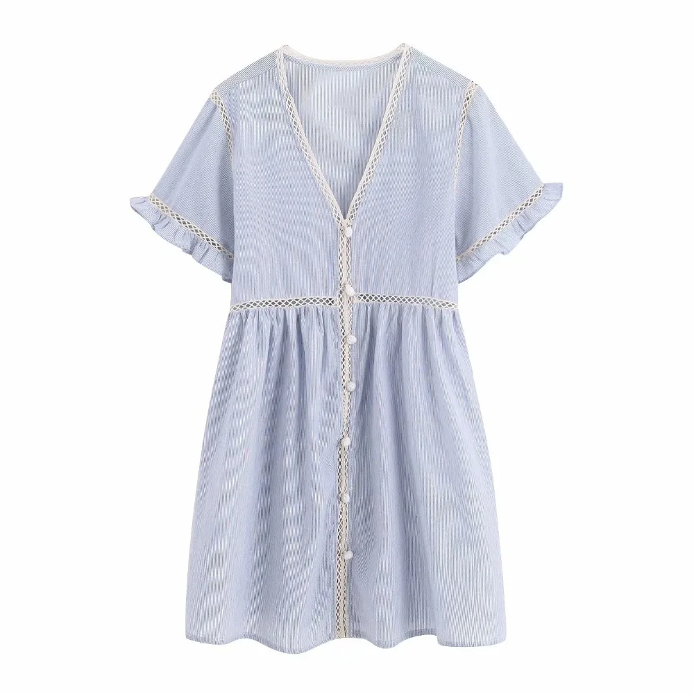 Women Summer 2019 Street Leisure French Hollow Out Stripe V-Neck Dresses Beach Holiday Party Sex Cute Mini Dresses DS51 (4)
